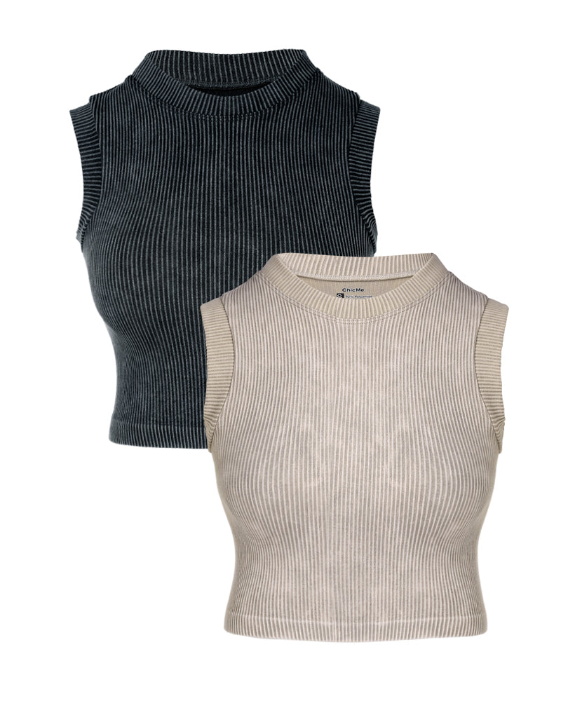 2-Pack Women's Washed Knit Tank Top Ribbed Sleeveless O-neck Cropped Tee Retro Casual Layering Top