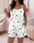 2 Pieces Outfit U-Neck Adjustable Spaghetti Straps Cami Top and Elastic Waist Shorts Set Casual Watercolor Floral Print Pajamas Set