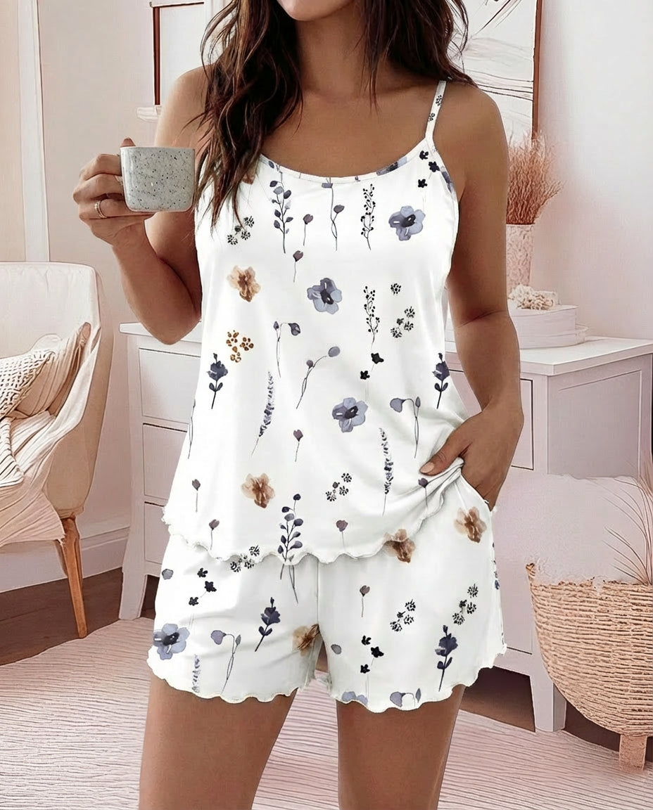 2 Pieces Outfit U-Neck Adjustable Spaghetti Straps Cami Top and Elastic Waist Shorts Set Casual Watercolor Floral Print Pajamas Set