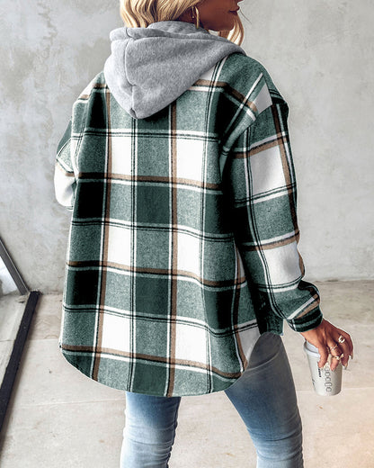 Plaid Pattern Long Sleeve Shacket Button Down Fleece Lined Hooded Jackets Warm Coat