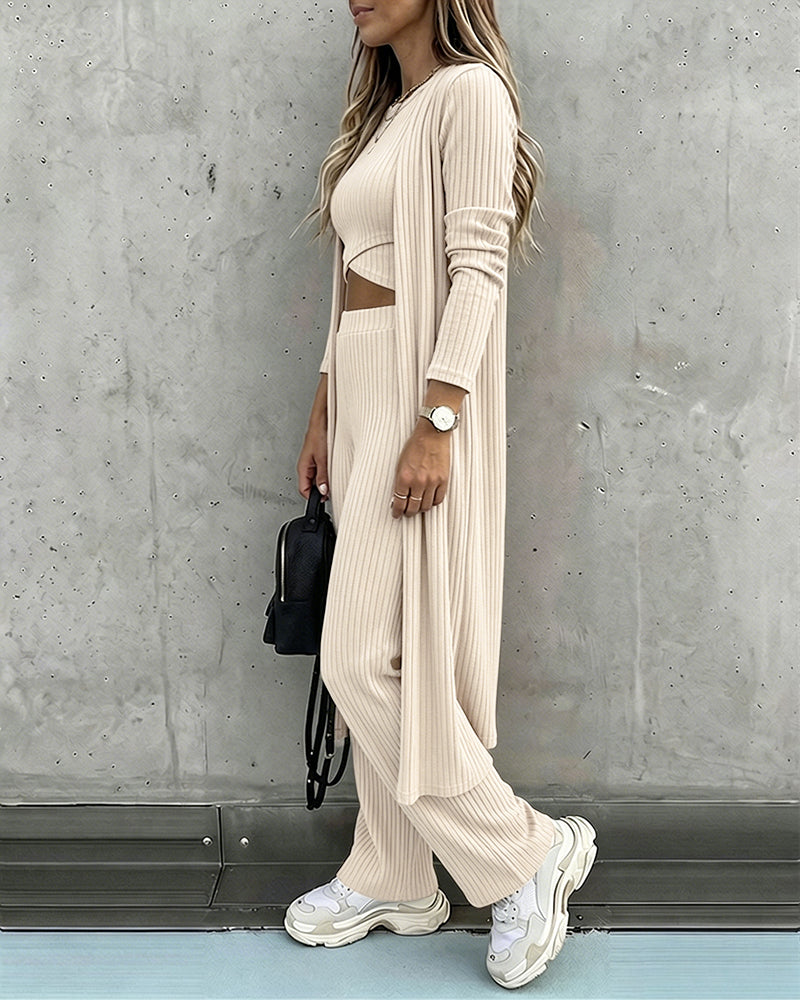 Women's 3 Piece Knit Set Long Cardigan Criss Cross Crop Tank Top and Wide Leg Pants Casual Ribbed Brushed Lounge Set
