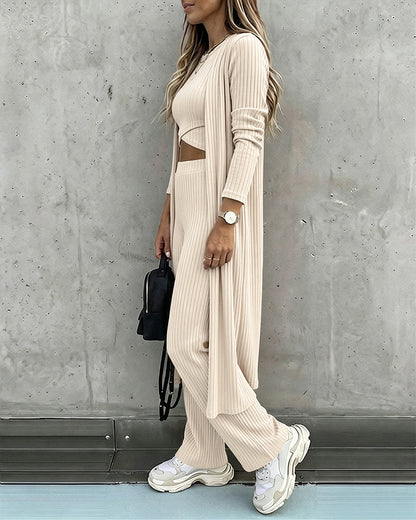 Women's 3 Piece Knit Set Long Cardigan Criss Cross Crop Tank Top and Wide Leg Pants Casual Ribbed Brushed Lounge Set