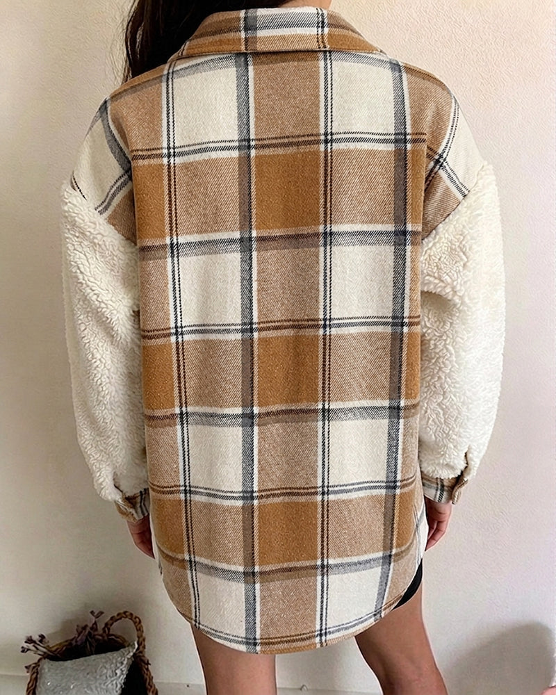 Veste polaire à carreaux pour femmes, veste décontractée à manches longues boutonnée en fausse peau de mouton