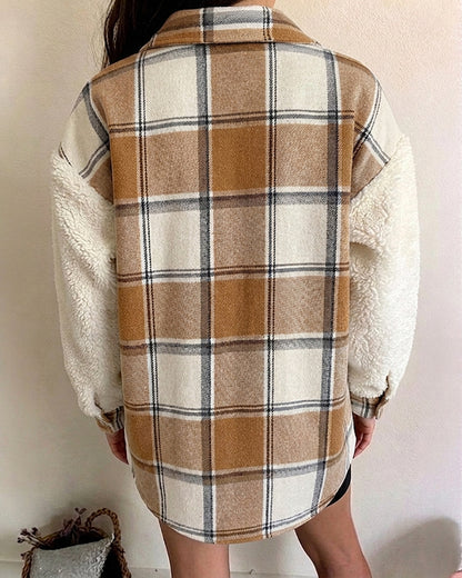 Veste polaire à carreaux pour femmes, veste décontractée à manches longues boutonnée en fausse peau de mouton