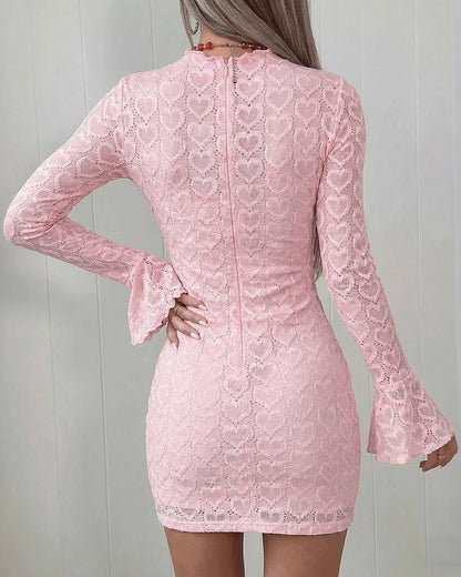 Women's Heart Jacquard Mini Dress Flared Cuffs Mock Neck Bodycon Dress Frill Hem Party Clubwear with Lining