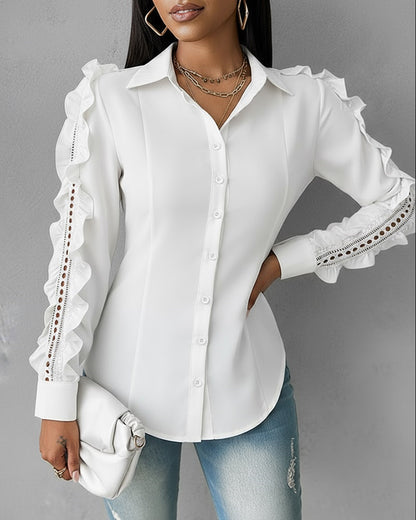 Turn-down Collar Ruffles & Hollow-out Design Long Sleeve Blouse Button Front Asymmetrical Hem Top