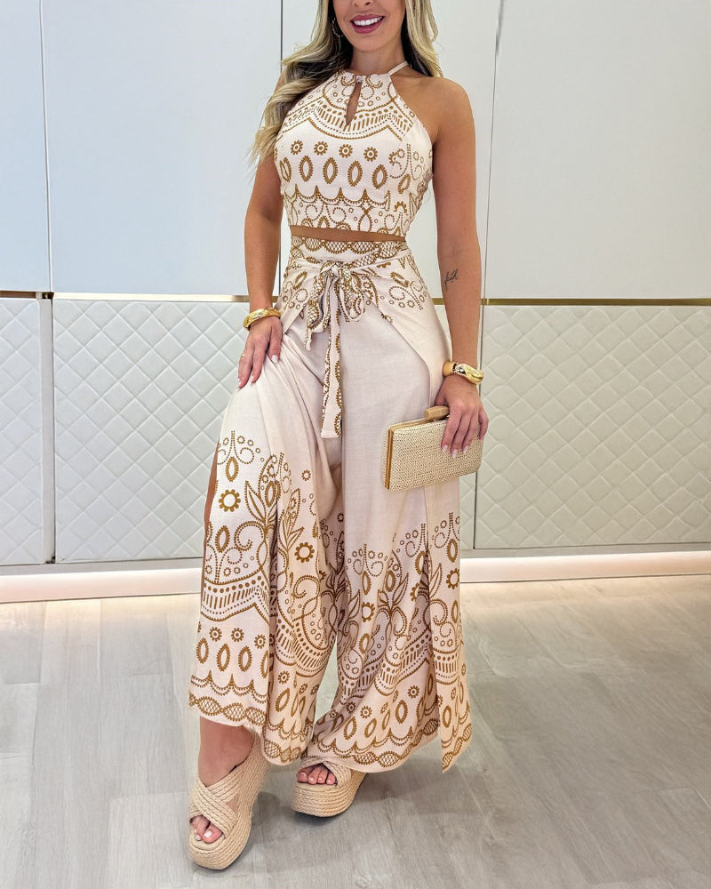 2 Pieces Outfits Tribal Print Keyhole Neck Sleeveless Top and Wide Leg Tied Detail Slit Pants Sets