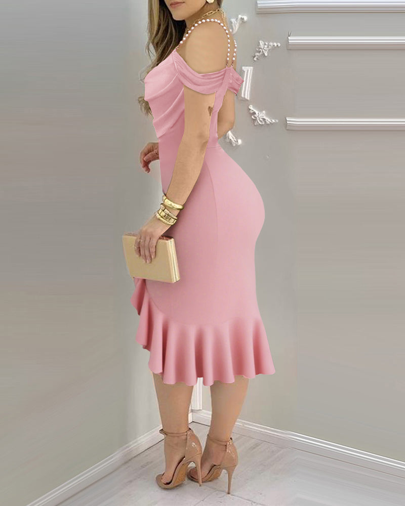Cold Shoulder Pearls Straps Bodycon Dress Cowl Neck Asymmetrical Ruffle Hem Party Dress