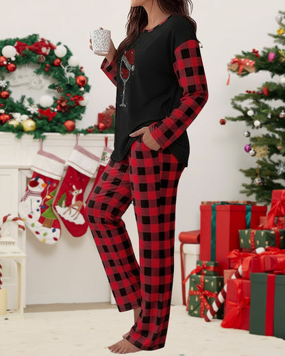 2 Pieces Outfit Rhinestone Christmas Santa Hat & Wine Glass Graphic Plaid Print Spliced Colorblock Long Sleeve Top and Plaid Print Elastic Waist Pants Set Casual Pajamas Set