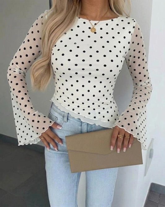 Blusa vintage de malla con lunares para mujer, mangas largas acampanadas, cuello barco, forro, corte asimétrico y bajo con volantes; camisa para fiestas