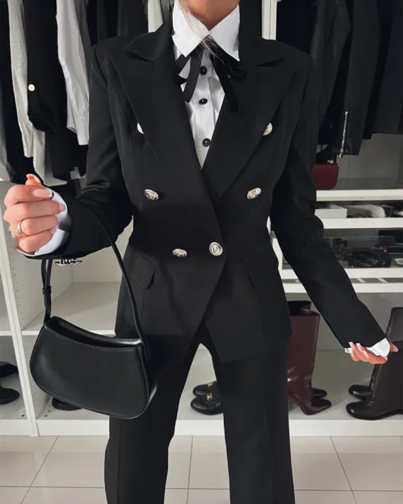 2 Pieces Outfit Notched Collar Double-Breasted Flap Detail Coat and Zipper Fly Elastic Back Waist Slim Fit Flared Pants Set Casual Blazer Set