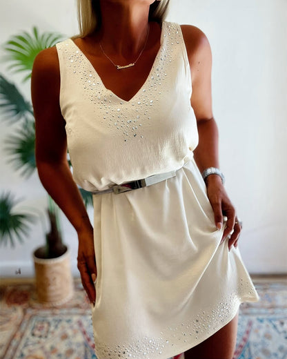 Rhinestone Decor V-Neck Sleeveless Dress Casual Backless Vacation Dress with Belt
