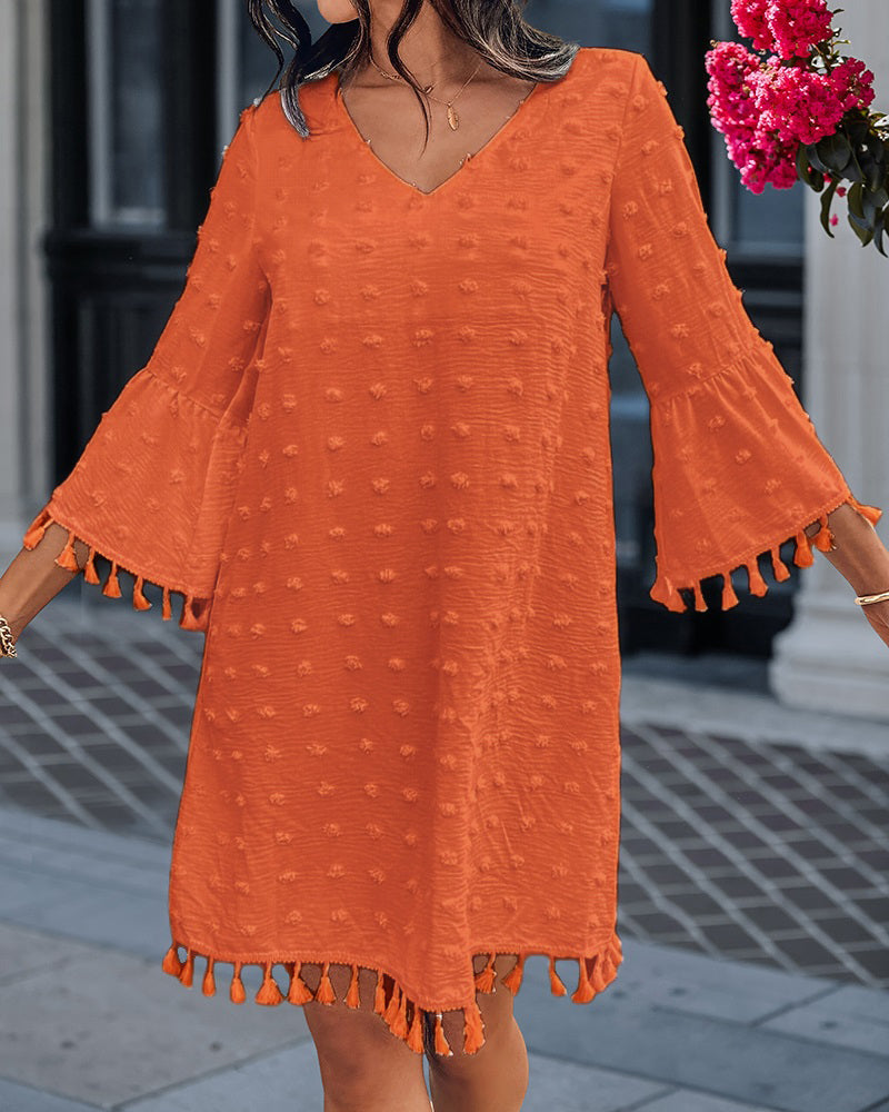 Large Swiss Dot  V-Neck Bell Sleeve Mini Dress Casual Loose Fit Dress