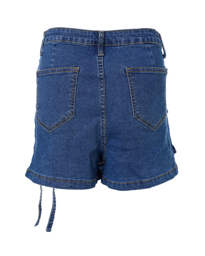 Women's High Waisted Wrap Denim Shorts Cargo Asymmetric Multi Pocket Zipper Buckle Jean Shorts