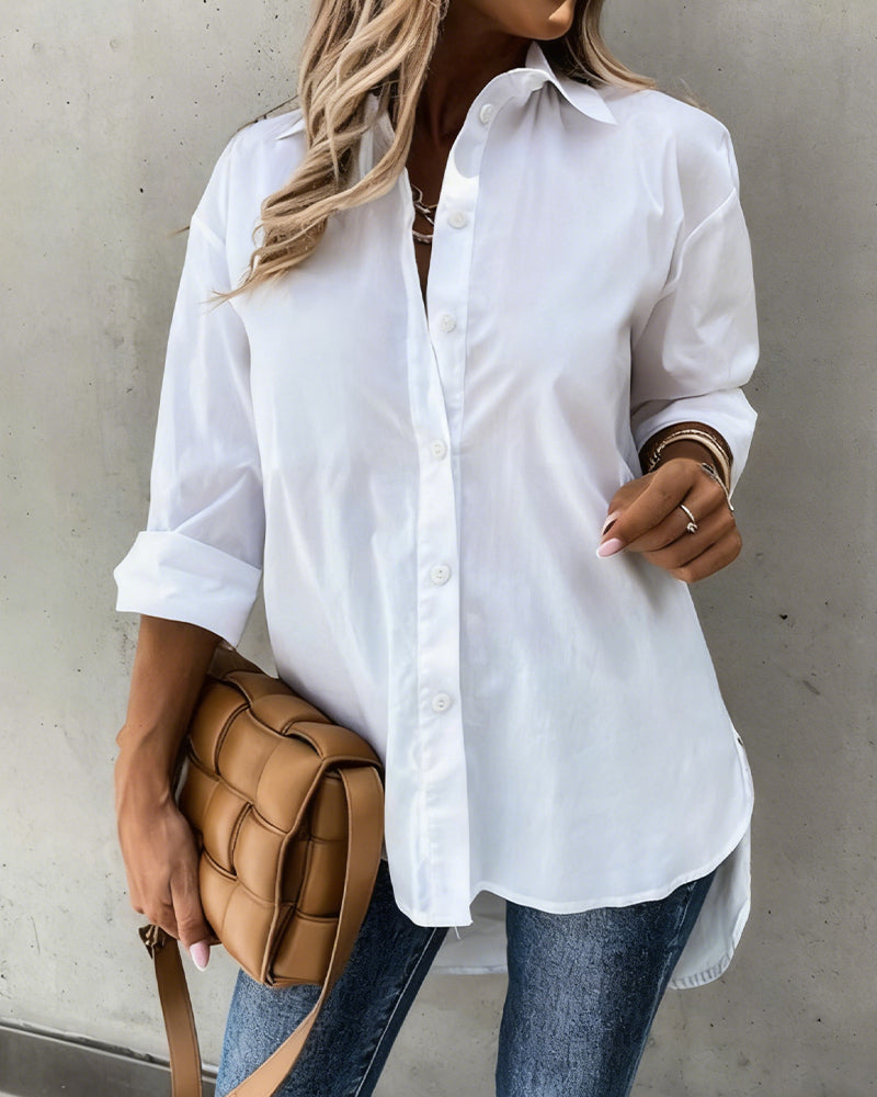 Turn-down Collar Long Sleeve Guipure Lace & Sheer Mesh Spliced Back Curved Hem Shirt Casual Button Front High-Low Hem Top