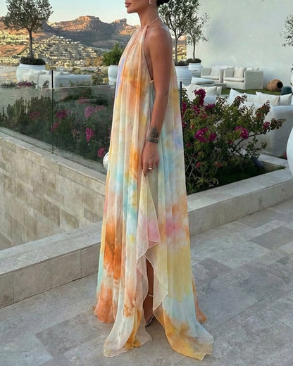 CHICME Women's Tie Dye Print Chiffon Maxi Dress Halter Neck Backless Tied Flowy A-Line Long Dress for Vacation