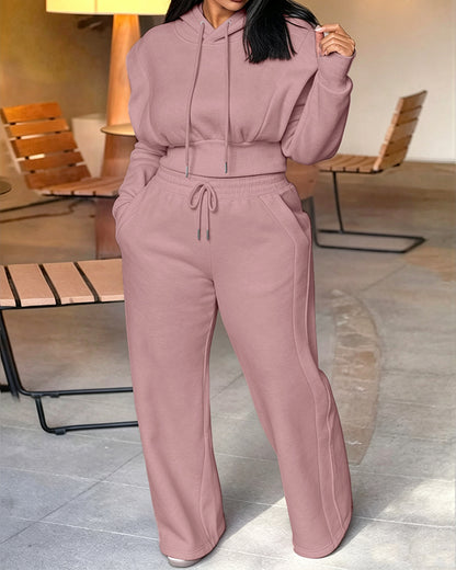 2-teiliges Outfit, langärmliges, kurzes Kapuzenpullover-Sweatshirt mit Kordelzug, Bündchen mit Daumenlöchern und lässigem Jogginghosen-Set mit Kordelzug und elastischer Taille mit weitem Bein 