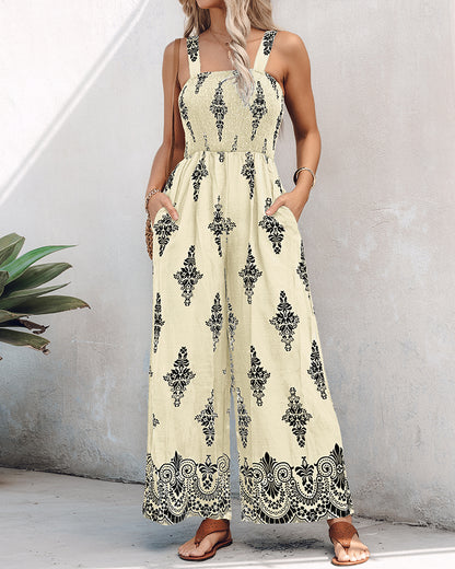 Graphic Print Square Neck Thick Strap Shirred Jumpsuit Wide Leg Overalls with Pockets