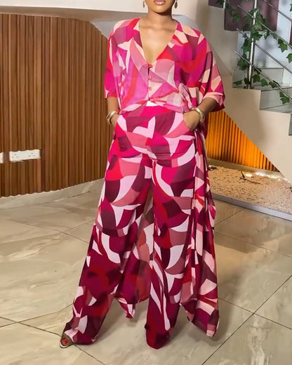 2 Pieces Outfit Colorblock Geometric Print Batwing Sleeve Cover Up and Casual Wide Leg Pants Set
