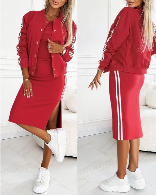 3 Pieces Outfit Sporty Striped Long Sleeve Baseball Coat and Ribbed Knit Tank with Slim Fit Slit Skirt Set