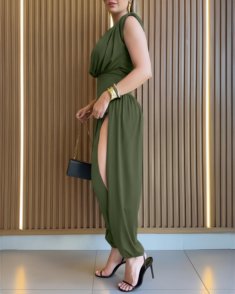 Padded Shoulders Sleeveless Cinched Waist Side High Slit Overalls Casual Hollow-out Back Ruched Jumpsuit