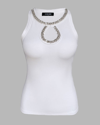 Rhinestone Contrast Sequin Keyhole Neck Sleeveless Slim Fit Elasticity Ribbed Top Elegant Tank