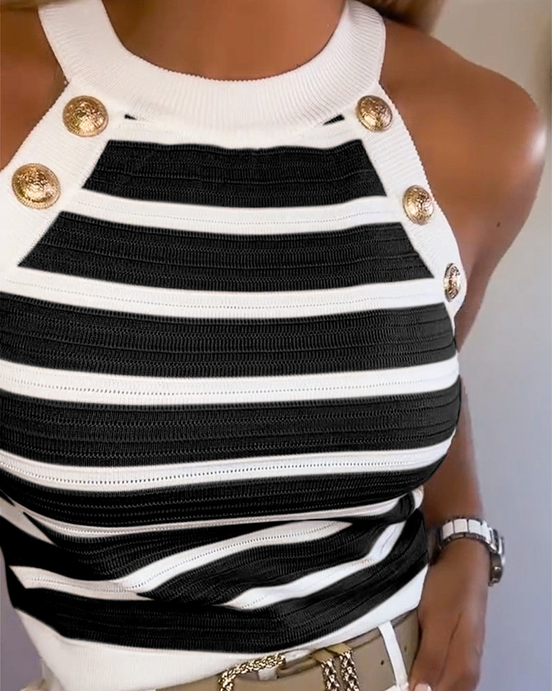 Striped Halter Sleeveless Tank Causal Golden Button Decor Breathable Knit Top