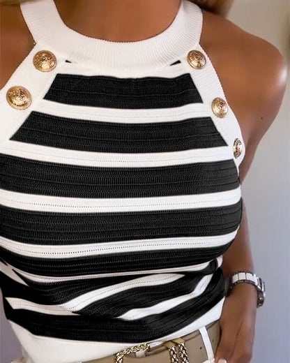 Striped Halter Sleeveless Tank Causal Golden Button Decor Breathable Knit Top