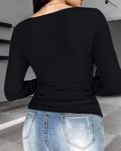 Chicme Built In Bra Notch Neck Long Sleeve Shirts Rib Knit Ruched Waist Top