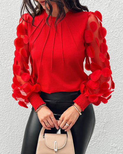 3D Polka Dot Appliques Mesh Long Sleeve Blouse Casual Shirred Cuffs Seam Front Top