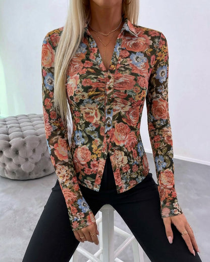 Vintage Oil Painting Floral Print Turn-down Collar V-Neck Button Front Shirt Slim Fit Long Sleeve Ruched Sheer Mesh Top with Lining