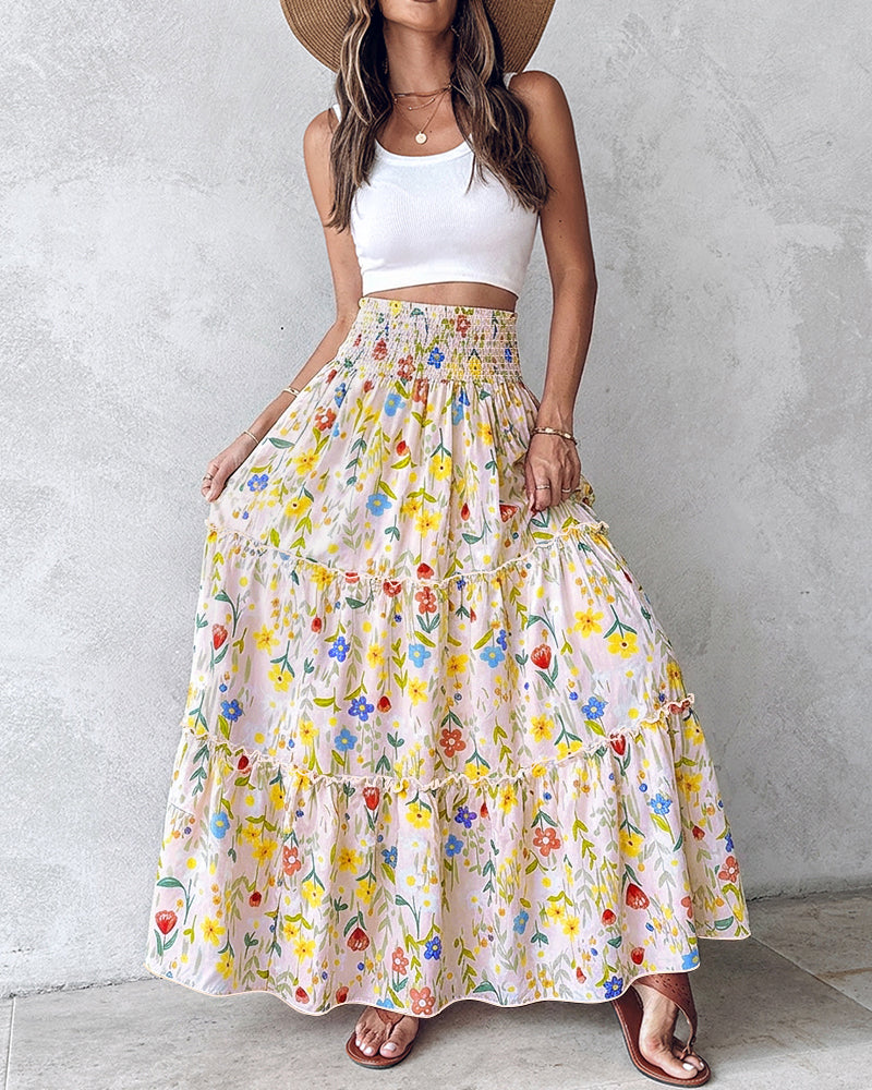 Women's High Waisted Shirred Floral Maxi Skirt Casual Ruffle Hem A-Line Skirt with Pockets