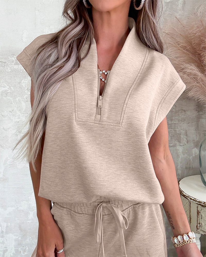 Women's 2 Piece Set Half Zip Cap Sleeve Top and Drawstring Straight Leg Pants Casual Loungewear