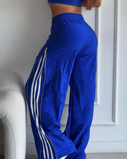 Contrast Side Striped & Zipper Slit Side Drawstring Elastic Waist Trousers Casual Wide Leg Pants