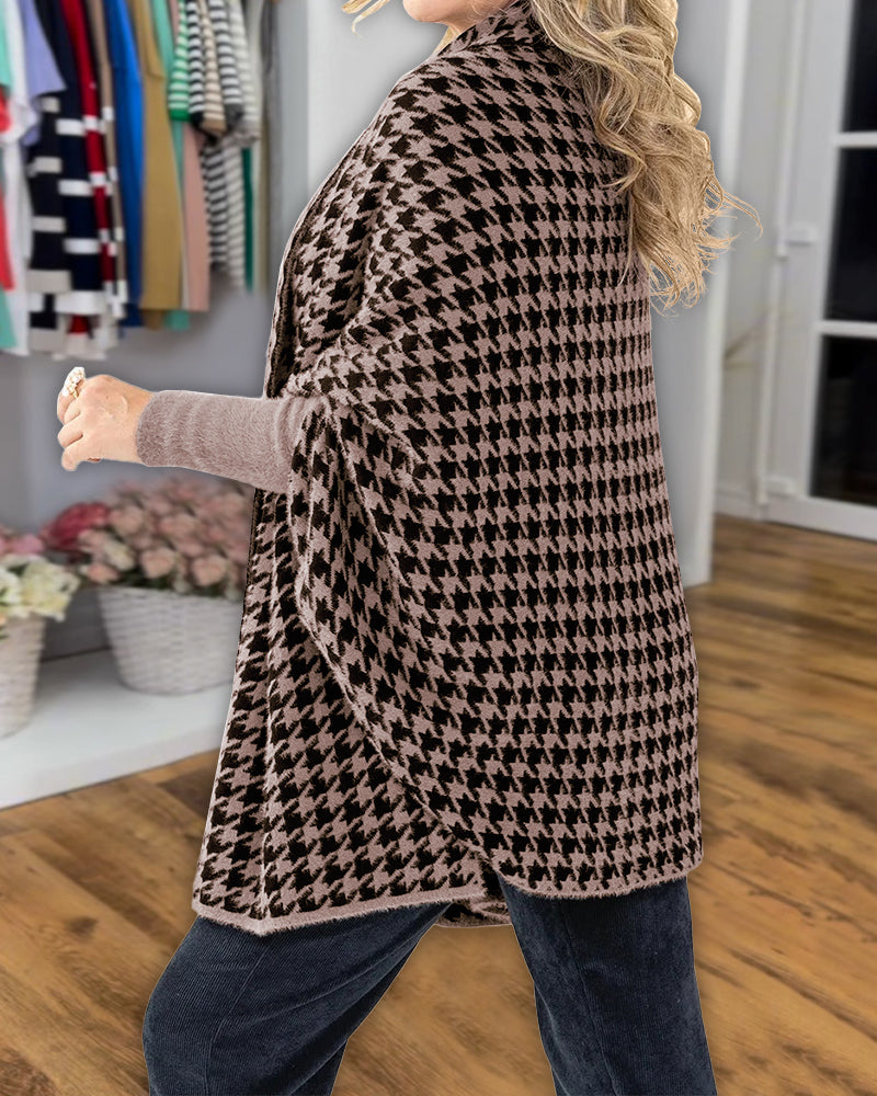 Houndstooth Print Versatile Loose Fit Sweater Coat Casual Warm Cape Shawl