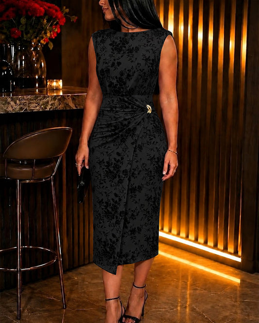 Women's Sleeveless Floral Flock Mesh Twist Side Midi Dress with Shoulder Pads