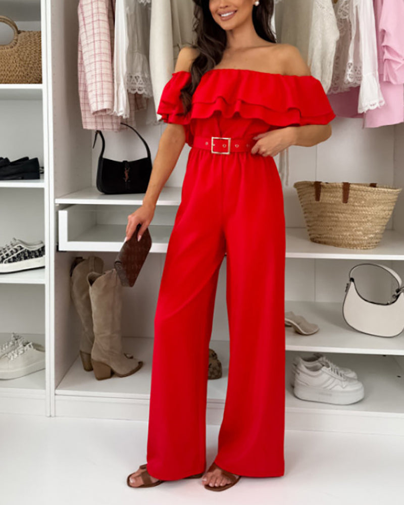 Women's Ruffle Off Shoulder Jumpsuit Casual Wide Leg Overalls with Detachable Clear Straps and Belt