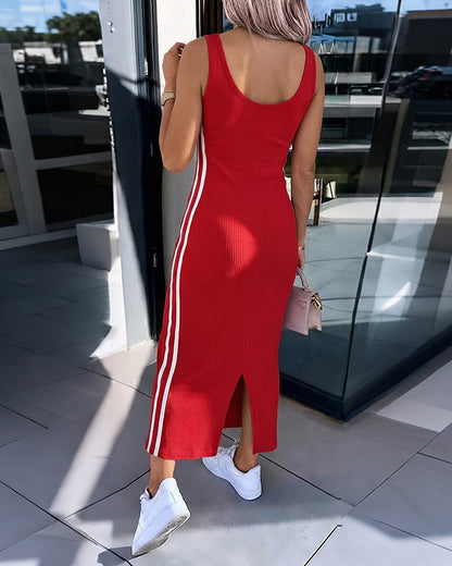 Women's Side Stripe Ribbed Maxi Dress U-Neck Sleeveless Bodycon Dress Backless Slit Tank Dress