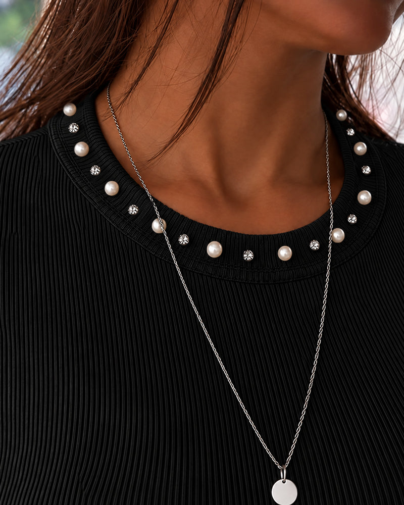 Women's Pearl Rhinestone Round Neck Long Sleeve Ribbed Fitted Top