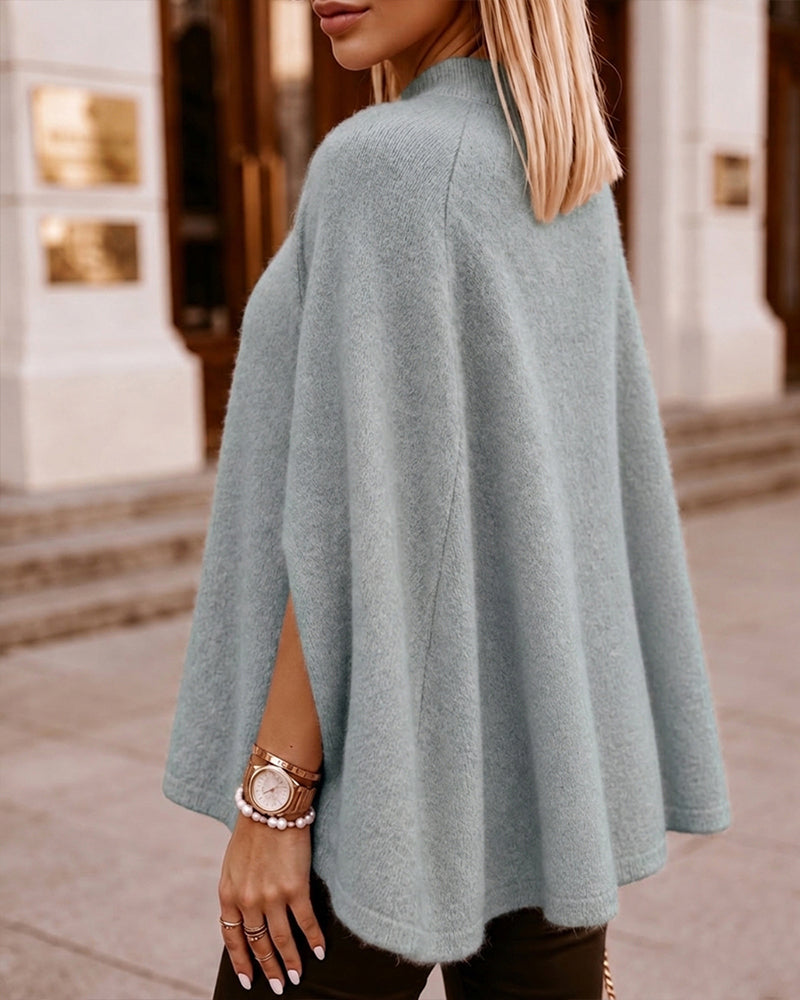 Suéter de punto holgado para mujer con cuello alto simulado, estilo «old money», capa, abertura lateral y mangas murciélago, cálido y acogedor para invierno
