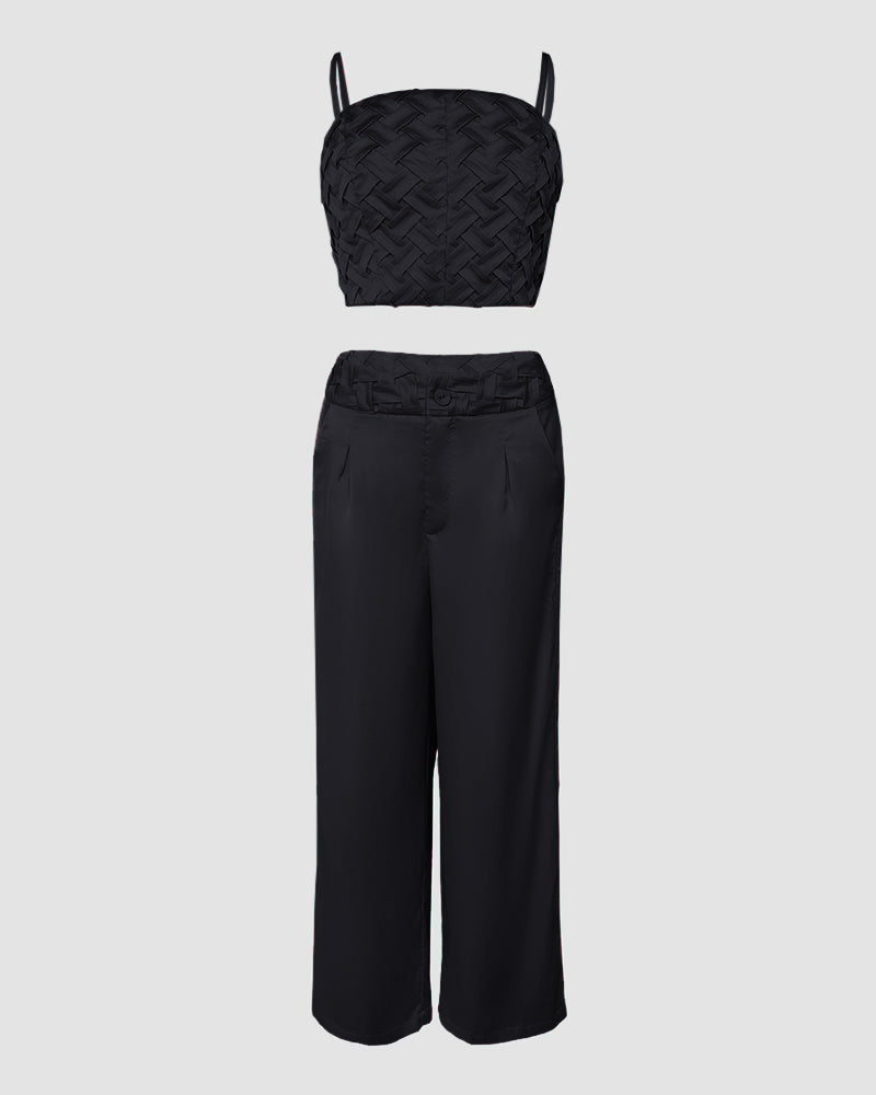 2 Pieces Outfit Weaving Textured Spaghetti Strap Crop Top and Casual Wide Leg Pants Set