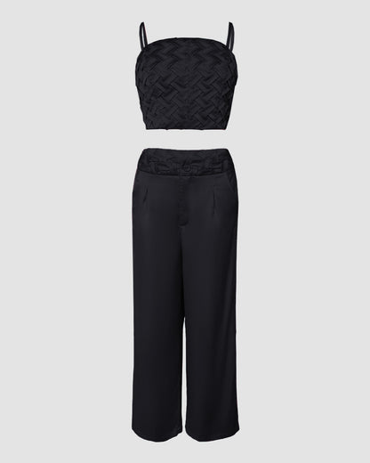 2 Pieces Outfit Weaving Textured Spaghetti Strap Crop Top and Casual Wide Leg Pants Set