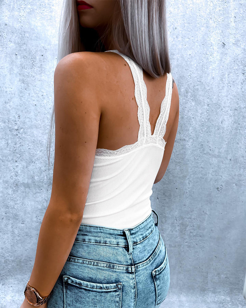 U-Neck Lace Spliced Knit Top Slim Fit Backless Ribbed Cami Top