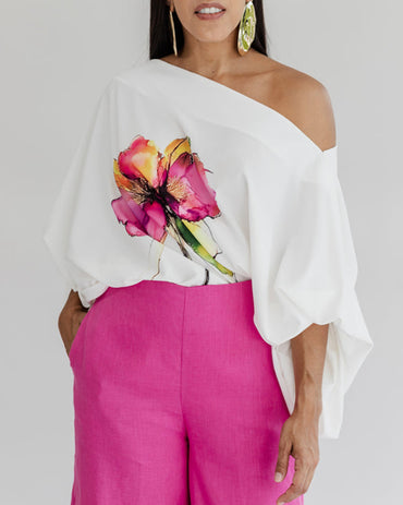 Watercolor Floral Placement Print Skew Neck Lantern Sleeve Blouse Casual Loose Fit Top