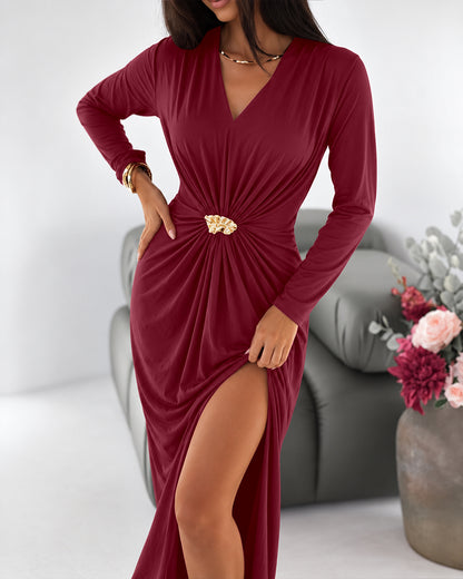 Women's Elegant V-Neck Long Sleeve Ruched Front Slit Midi Evening Dress