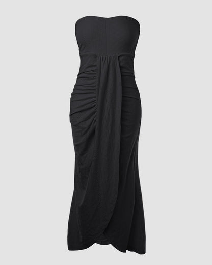 Sleeveless Ruched Cinched Waist Draped Bandeau Dress Eyelet Embroidery Slit Asymmetrical Hem Vacation Dress