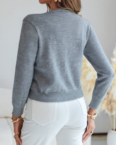 Floral Applique & Pearls Decor Round Neck Single Breasted Knit Cardigan Casual Crop Sweater Coat