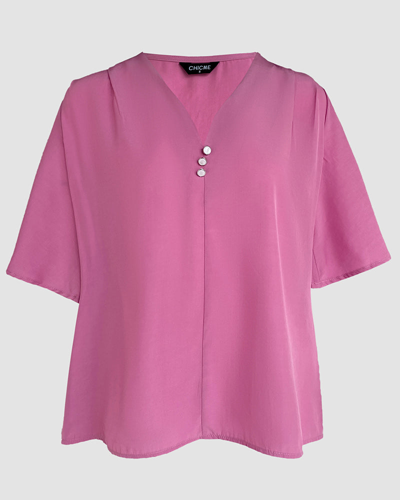 2 Pieces V Neck Button Decor Bell Sleeve Top and Casual Drawstring Stechy Waist Shorts Set