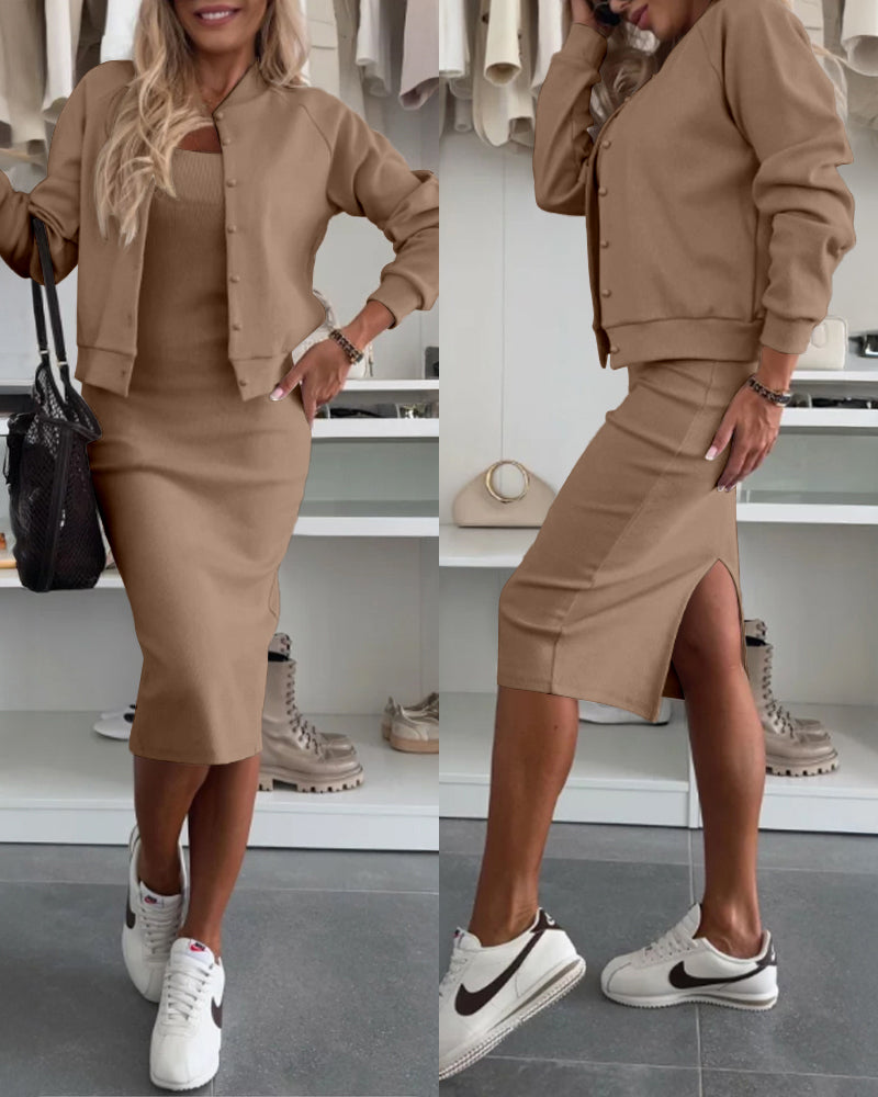2 Pieces Outfit U-Neck Slit Back Slim Fit Knit Tank Dress and Pearl Button Front Baseball Coat Casual Ribbed Set