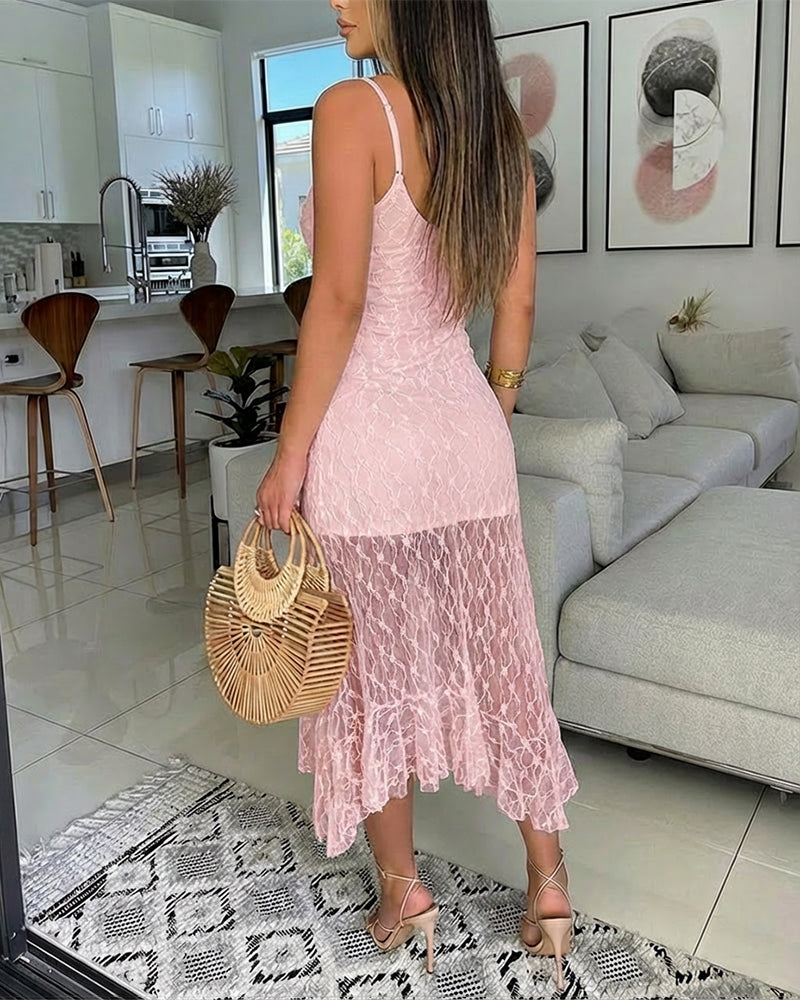 V-Neck Adjustable Spaghetti Straps Tie Front Asymmetrical Hem Dress Casual Hollow-out Front Backless Textured Lace Overlay Party Dress